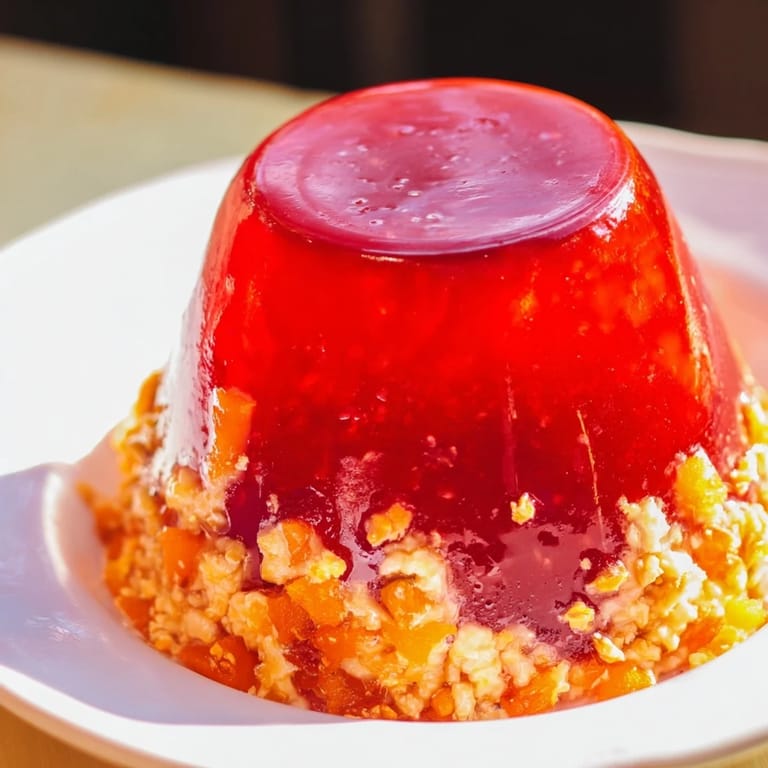 Close-up of chilled, fruity Jell-O Salad, a light dessert with carrots and creamy cottage cheese.