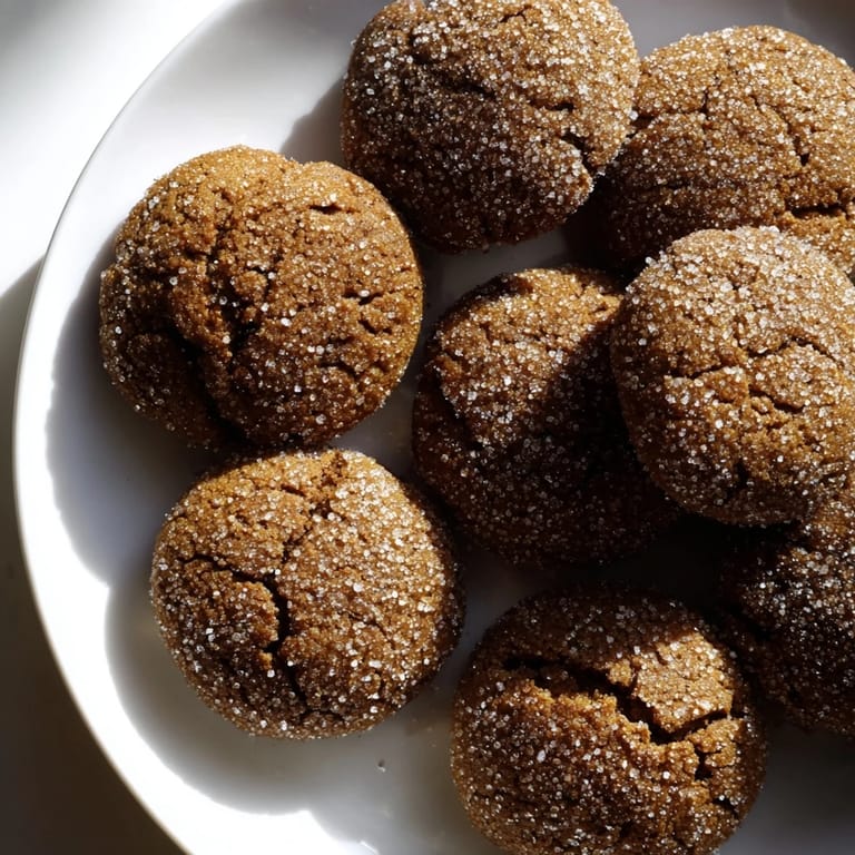 Close-up of baked Molasses Cookies, glistening with granulated sugar, offering a delightful combination of textures.
