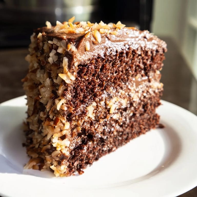 A slice of German Chocolate Cake, showcasing its fluffy layers and the sweet, nutty frosting.