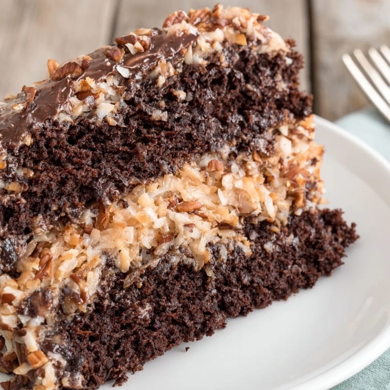 Enjoy the visual of a perfectly frosted German Chocolate Cake, a classic dessert with pecans.