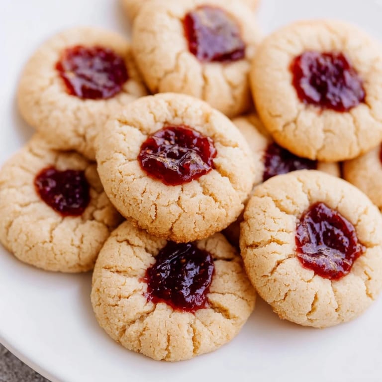 Close-up of golden Thumbprint Cookies, with vibrant red jam filling, inviting a sweet taste.