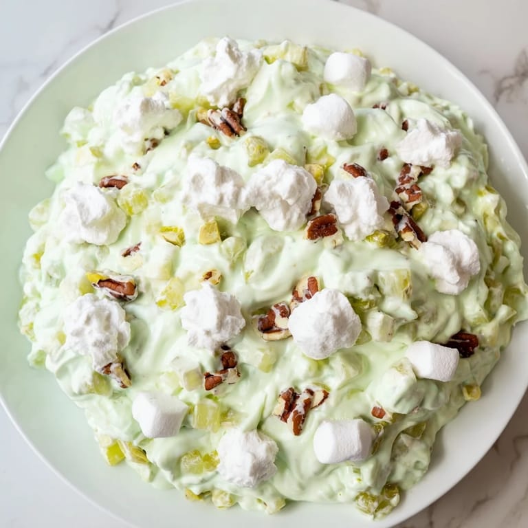 A refreshing bowl of Watergate Salad features crushed pineapple and fluffy whipped topping; a retro dessert.
