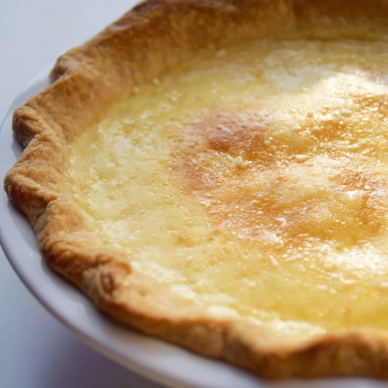 Slice of chess pie, the perfect dessert, with a glossy, golden surface and creamy textured center.