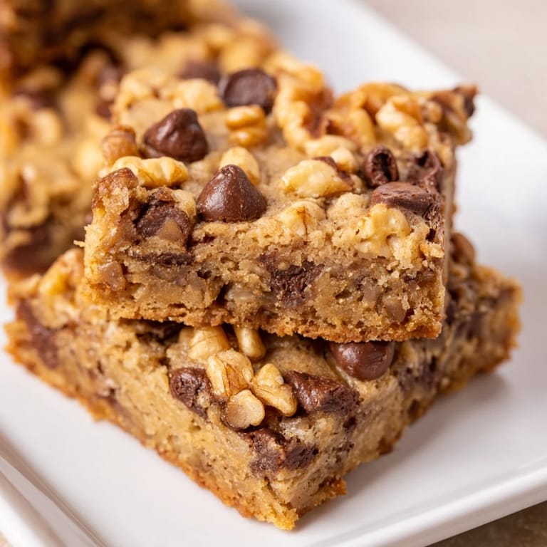 Close-up of a pan of blondies, showcasing the gooey chocolate and a delightful golden crust.