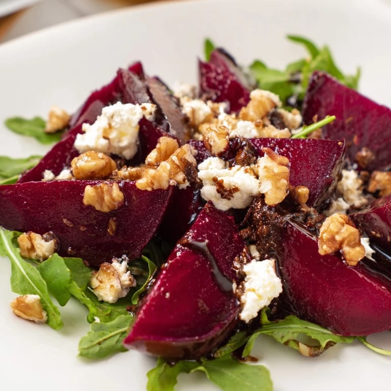 Vibrant roasted beet goat cheese salad topped with fresh herbs, tangy goat cheese, and walnuts, ready to serve for dinner.