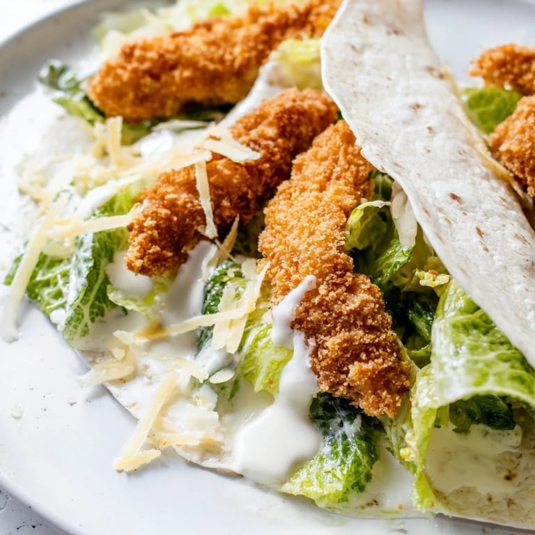 Crispy Chicken Caesar Wrap served on a wooden board with lemon wedges and extra dressing for dipping.