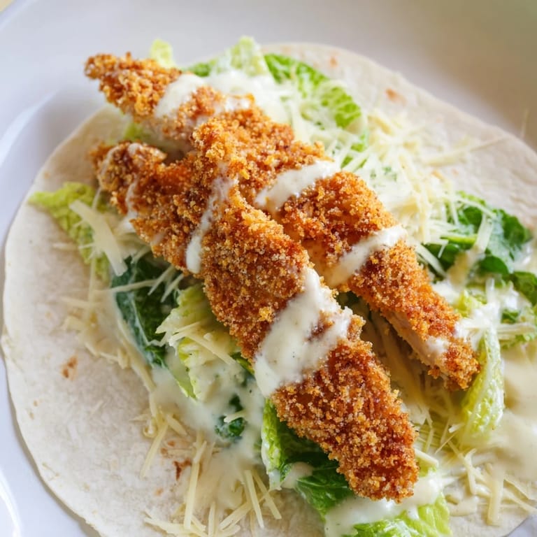 A close-up of a halved Crispy Chicken Caesar Wrap revealing juicy chicken, crunchy lettuce, and melted Parmesan inside.