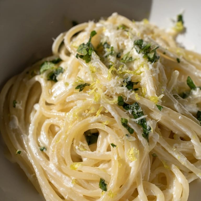 A close-up of silky spaghetti coated in zesty lemon ricotta sauce, garnished with parsley and black pepper in a rustic bowl.