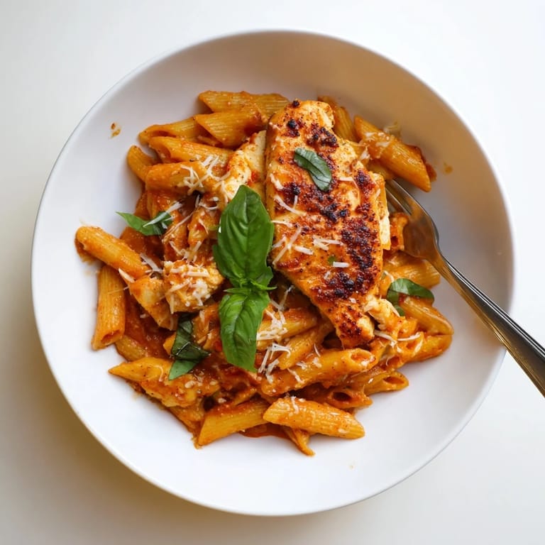 Tender pasta twirls in a zesty red sauce topped with golden chicken for a hearty meal.  