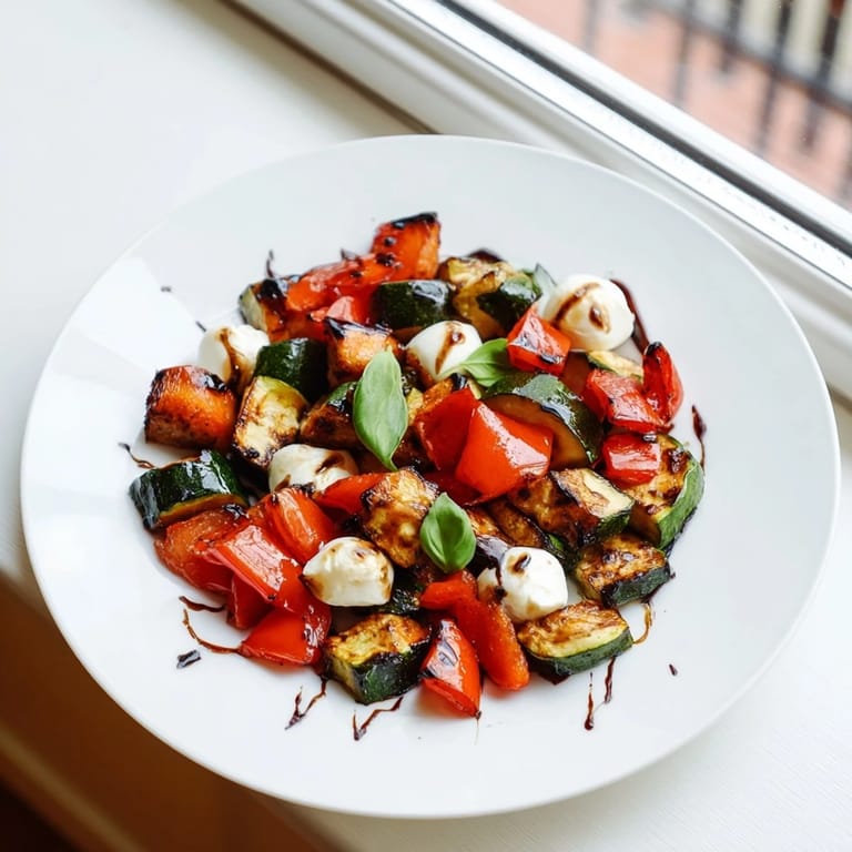 Savor this warm Roasted Veggie Caprese Salad, featuring tender roasted veggies, soft mozzarella, and a sweet-tangy balsamic drizzle, perfect for a light lunch.