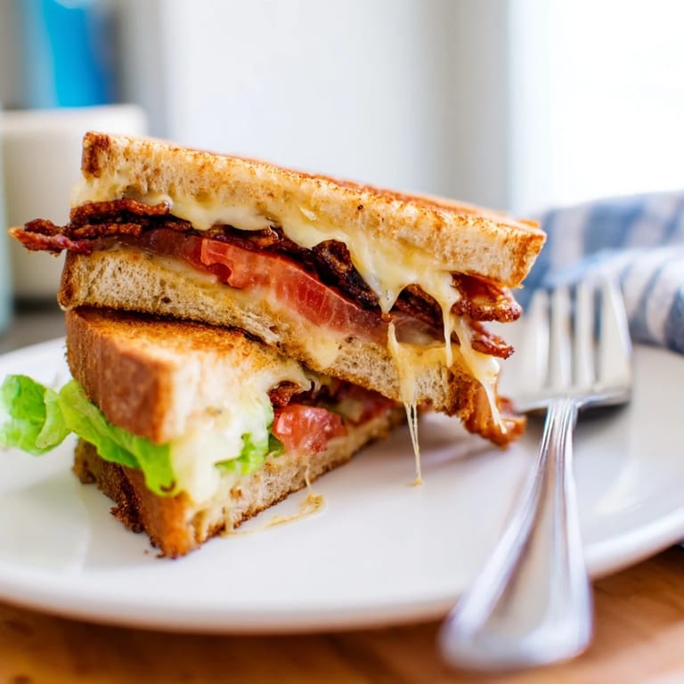 Plant-based Vegan Bacon BLT Grilled Cheese cut in half, revealing layers of savory tempeh bacon and ripe tomato.