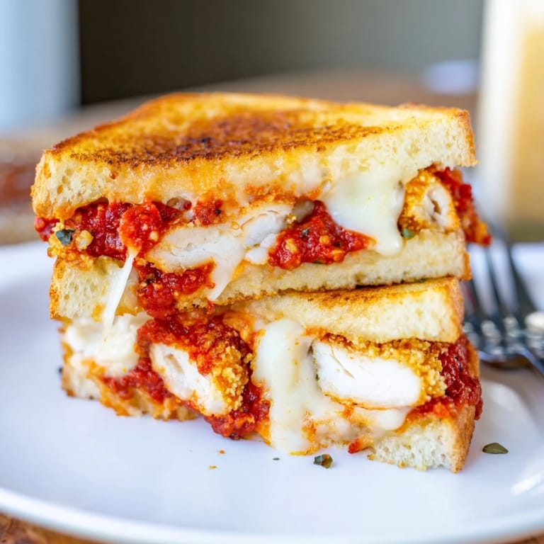 A cross-section view of a Chicken Parm Grilled Cheese, revealing layers of crispy chicken, gooey cheese, and tomato sauce.