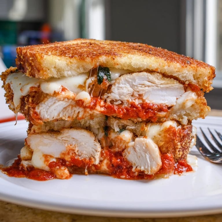 Fried chicken cutlet nestled between garlic butter toast, melted mozzarella, and vibrant marinara in this Chicken Parm Grilled Cheese.