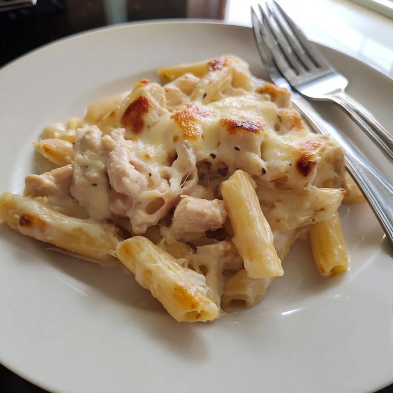 Fresh chives garnish this hearty, cheesy Chicken Ranch Pasta Bake casserole with golden edges.  