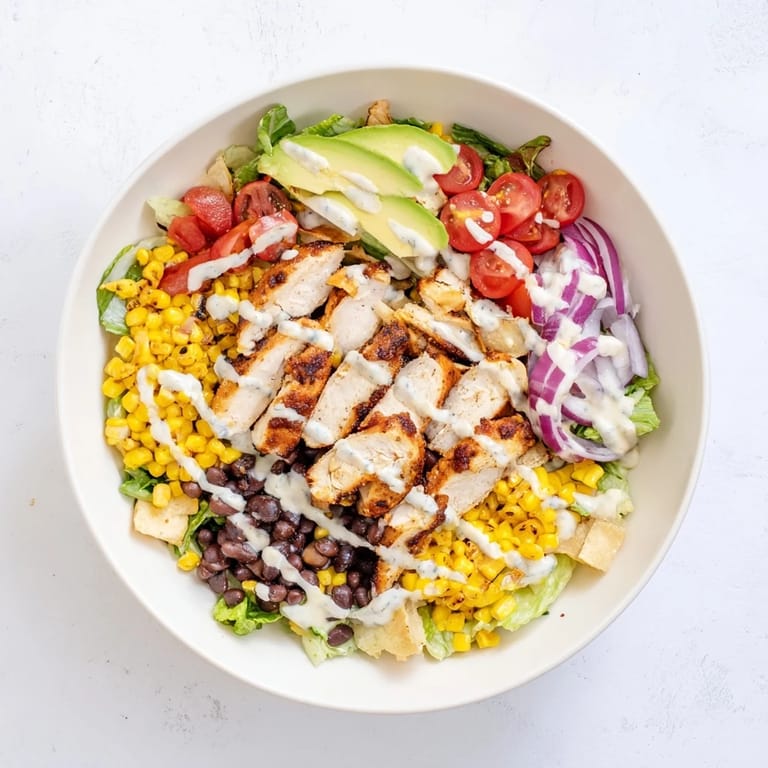 Fork-ready BBQ chicken salad tossed with romaine, corn, beans, and avocado, finished with a zesty ranch drizzle.