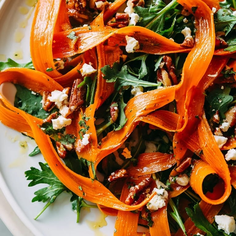 A close-up of warm roasted carrot ribbons tossed in honey-mustard dressing, served as an elegant Roasted Carrot Ribbon Salad.