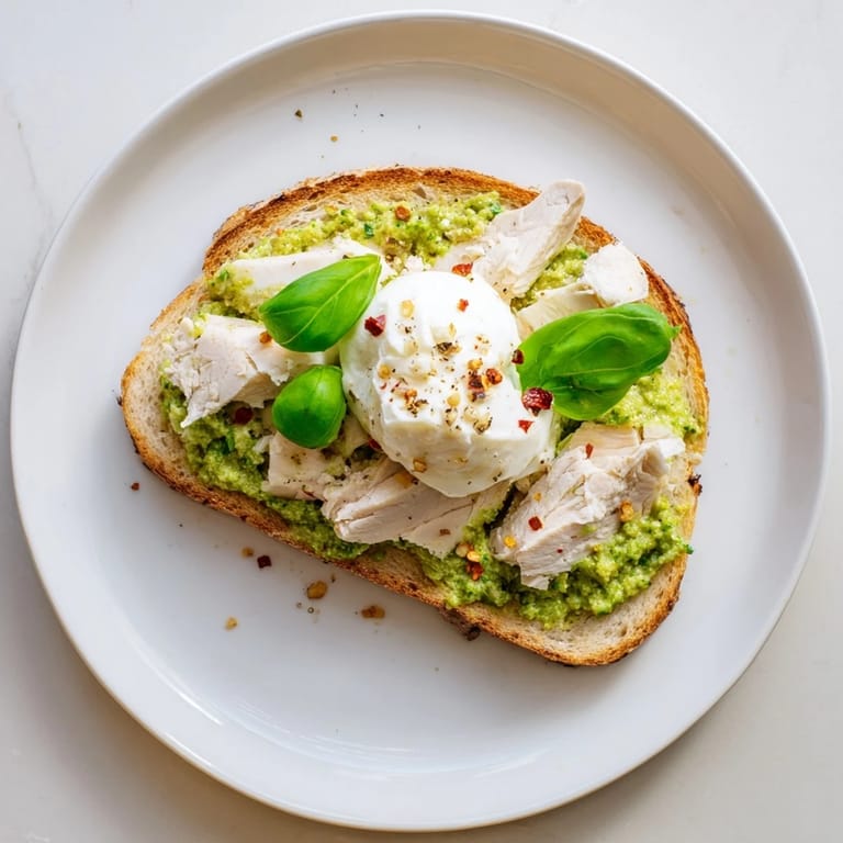 Pesto Chicken Burrata Toast features crusty bread, zesty basil pesto, juicy chicken, and melty burrata on a white plate.