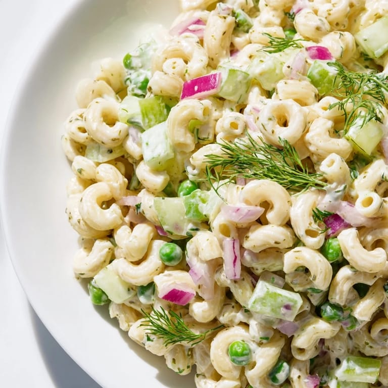 A vibrant, easy Creamy Dill Pickle Pasta Salad with crunchy pickles and celery, perfect for picnics.