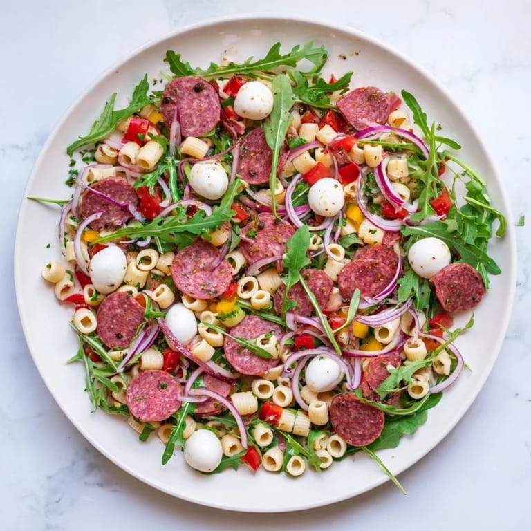 Fresh Spring Antipasto Pasta Salad garnished with herbs, ready for a spring potluck or picnic.