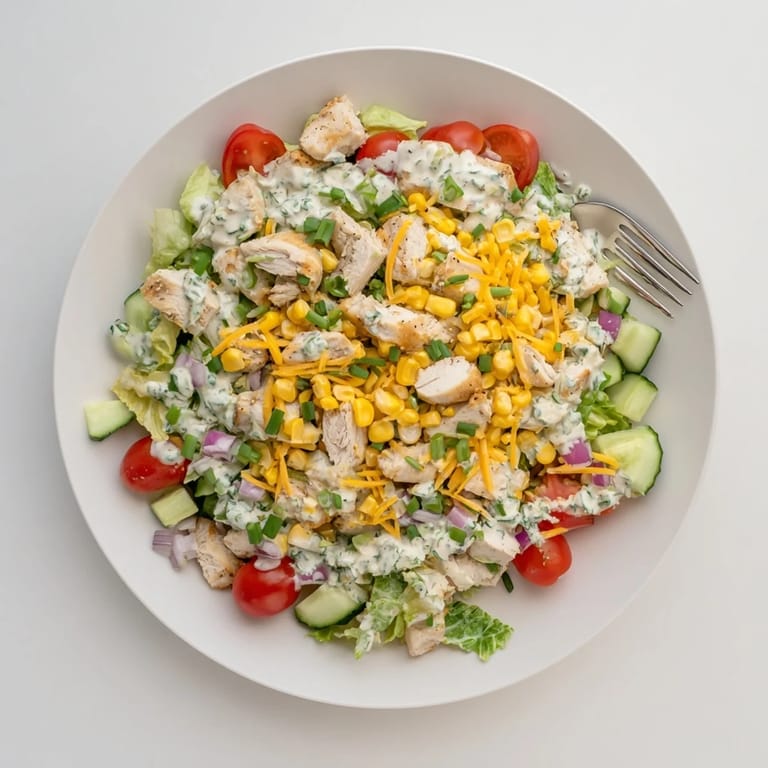 Colorful bowl of Ranch Chicken Chopped Salad featuring diced cucumbers, cherry tomatoes, red onion, and herbs, ready for a hearty lunch or dinner.