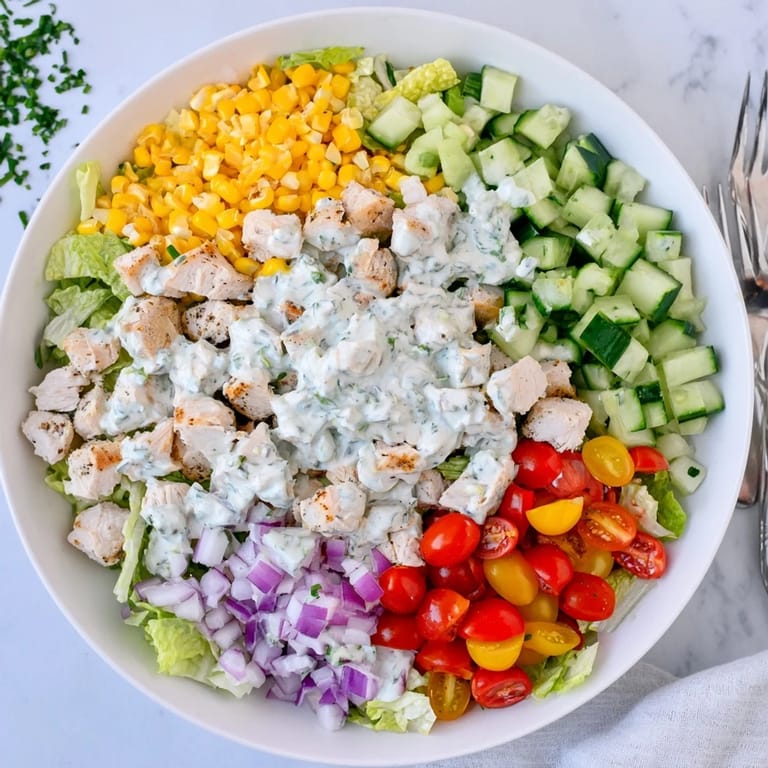 Close-up of Ranch Chicken Chopped Salad showing tender chicken, sharp cheddar, and crisp vegetables tossed in creamy ranch, garnished with fresh chives.