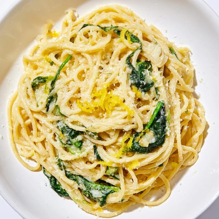 A close-up of Creamy Lemon Spinach Spaghetti, showcasing wilted leaves and silky sauce clinging to each strand.