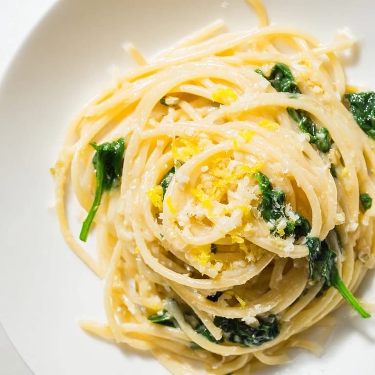 Vibrant green spinach and twirled thin spaghetti coated in a rich, pale yellow lemon cream sauce.  