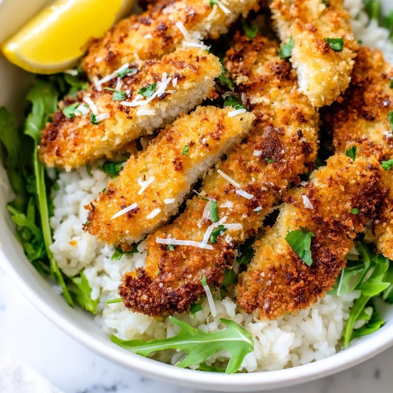 Overhead view of a Crispy Parmesan Chicken Cutlet Bowl with crispy cutlets, greens, and lemon on white rice.