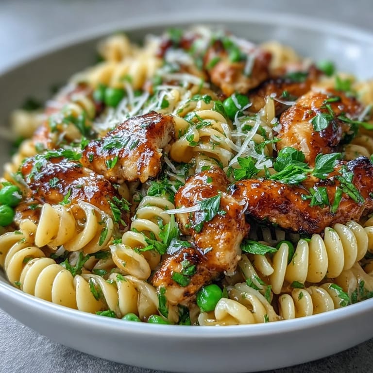 Savory garlic butter sauce coats curly pasta with tender chicken, bright peas, and lemon zest for a comforting family meal.