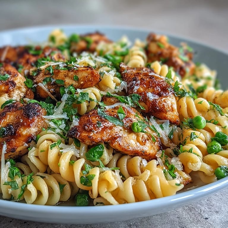 A skillet of garlic butter chicken and pea pasta finished with Parmesan and lemon juice, perfect for a weeknight dinner.