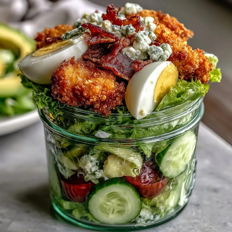 Beautifully assembled Crispy Chicken Cobb Jar Salad bursting with savory, creamy, and crunchy textures.