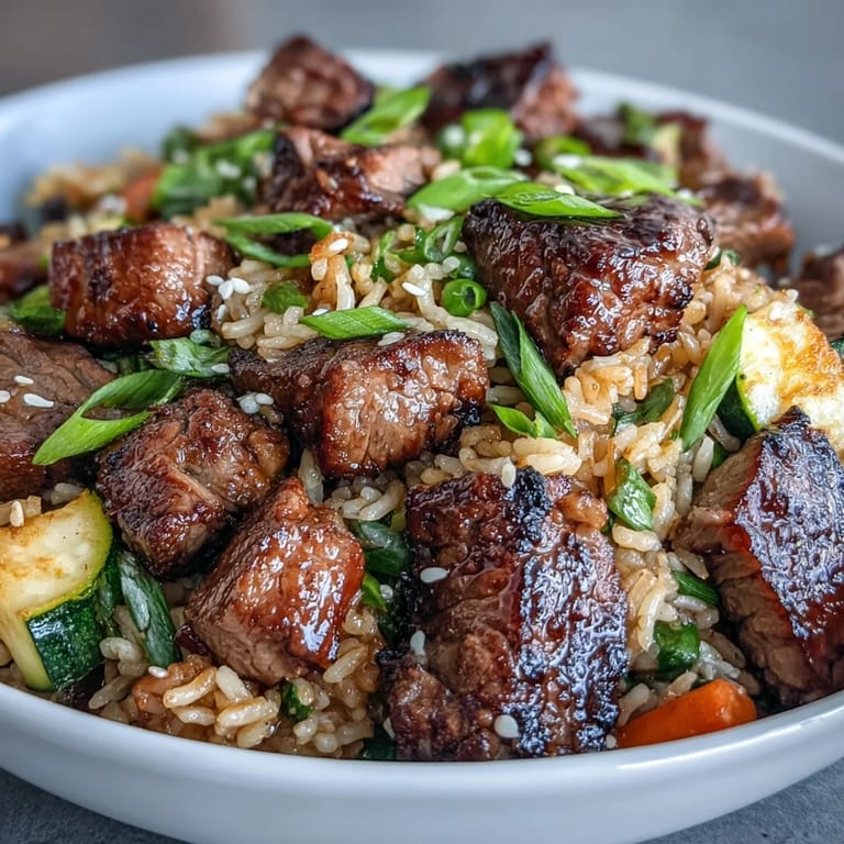 Steak and vegetables sizzling in a skillet, ready to be tossed into this Easy Hibachi Steak With Fried Rice recipe.