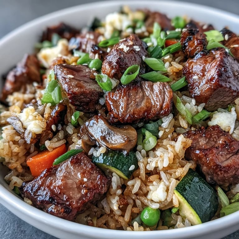 Serving suggestion for Easy Hibachi Steak With Fried Rice, plated neatly with chopsticks beside a small bowl of yum yum sauce.