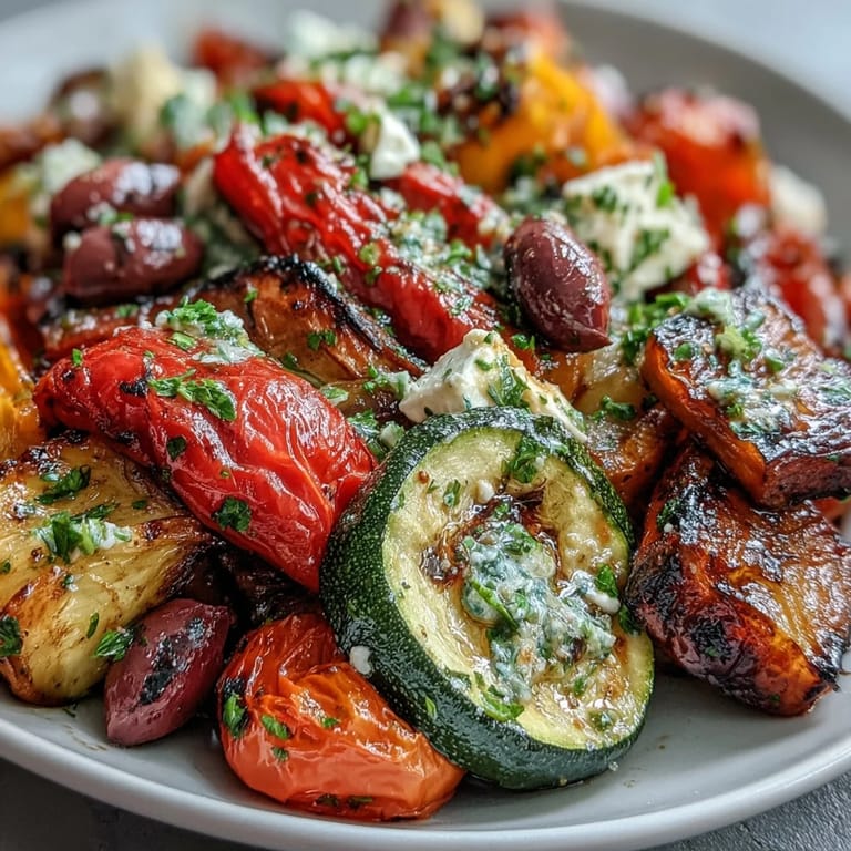 A hearty bowl of roasted Greek salad features roasted tomatoes and onions, feta cubes, and a lemon-oregano drizzle.