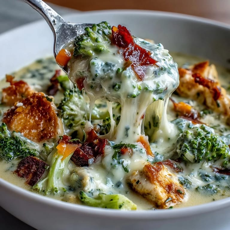 Steaming pot of Chicken Broccoli Cheddar Soup with fresh broccoli florets and diced carrots.