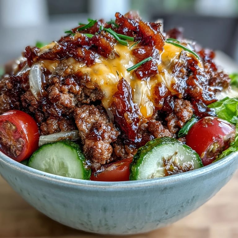 This gluten-free Easy Big Mac in a Bowl showcases juicy beef, shredded cheese, and vibrant veggies in a quick skillet assembly.