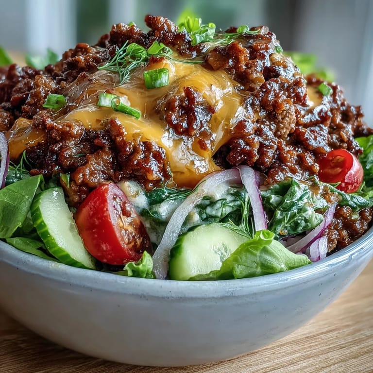 Freshly prepared Easy Big Mac in a Bowl with cherry tomatoes, red onion, pickles, and creamy dressing.