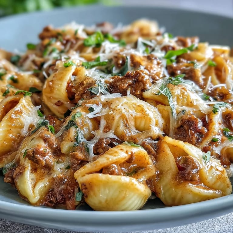 Tender pasta shells coated in a velvety tomato cream sauce with savory beef, ready to serve straight from the pot.