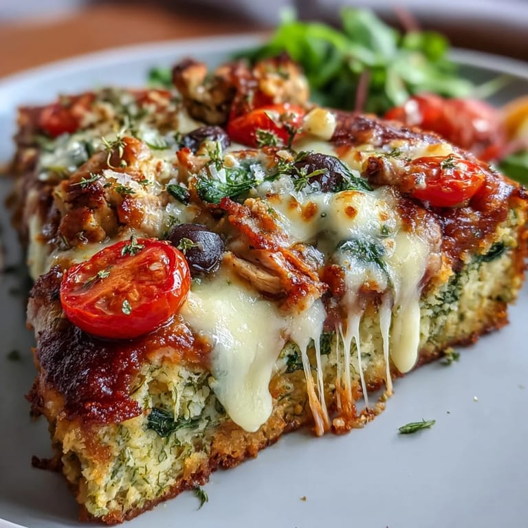Broccoli Chicken Crust Pizza sliced to show a golden, veggie-packed crust topped with olives and red bell peppers.  