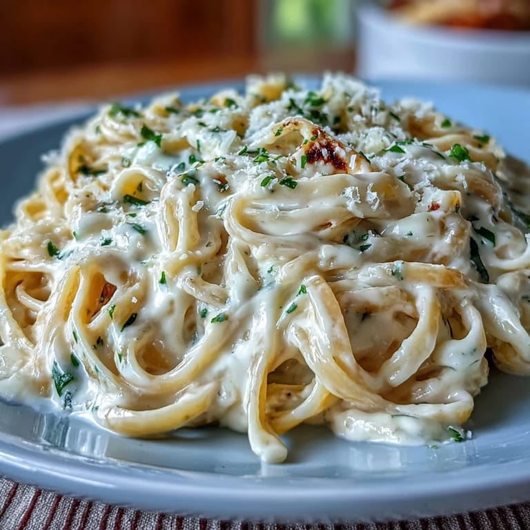 A steaming bowl of Easy Creamy Cauliflower Alfredo with tender pasta, garlic, and onion, ready to serve.  