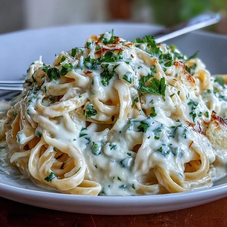 Smooth cauliflower Alfredo sauce tossed with al dente pasta, highlighting a healthy, vegetarian, and low-fat main dish.