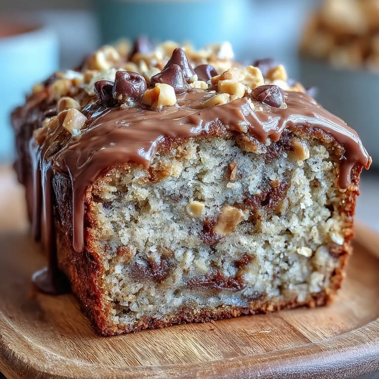 Sliced Chocolate Chip Peanut Butter Oatmeal Banana Bread reveals a moist, golden crumb studded with oats and chocolate.