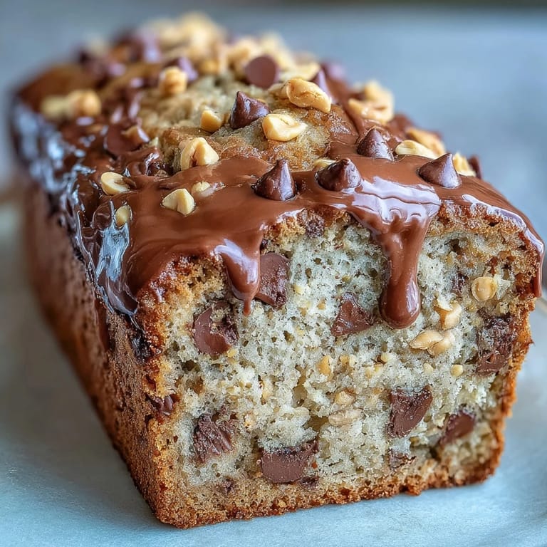 Enjoy a slice of warm Chocolate Chip Peanut Butter Oatmeal Banana Bread, a wholesome breakfast or afternoon snack.