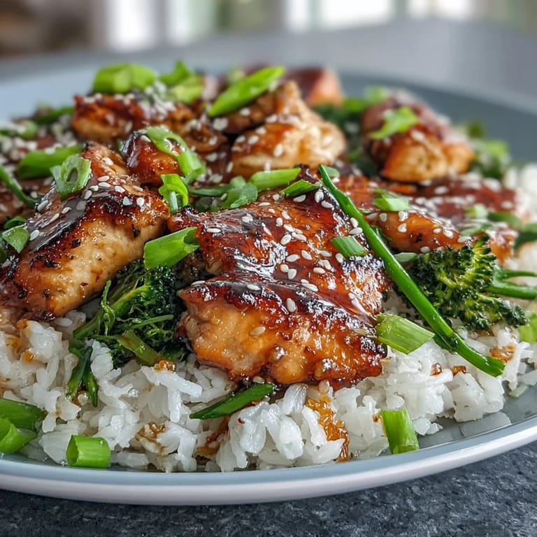 A skillet meal of one pan honey garlic chicken broccoli rice simmered in sweet garlicky soy sauce.
