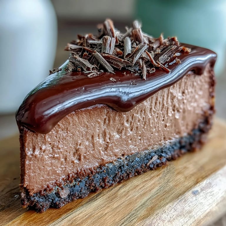 Decadent Lighter Chocolate Cottage Cheese Cheesecake slice on a dessert plate, paired with a dollop of Greek yogurt topping.