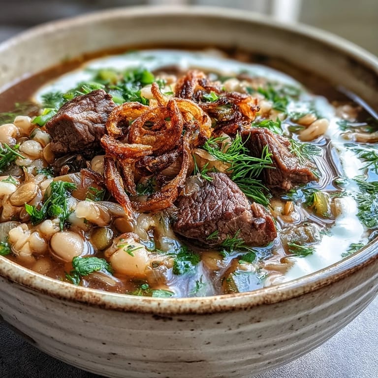 Close-up of Beef Barley Soup with tender beef, carrots, celery, and fresh herbs in a rustic pot.