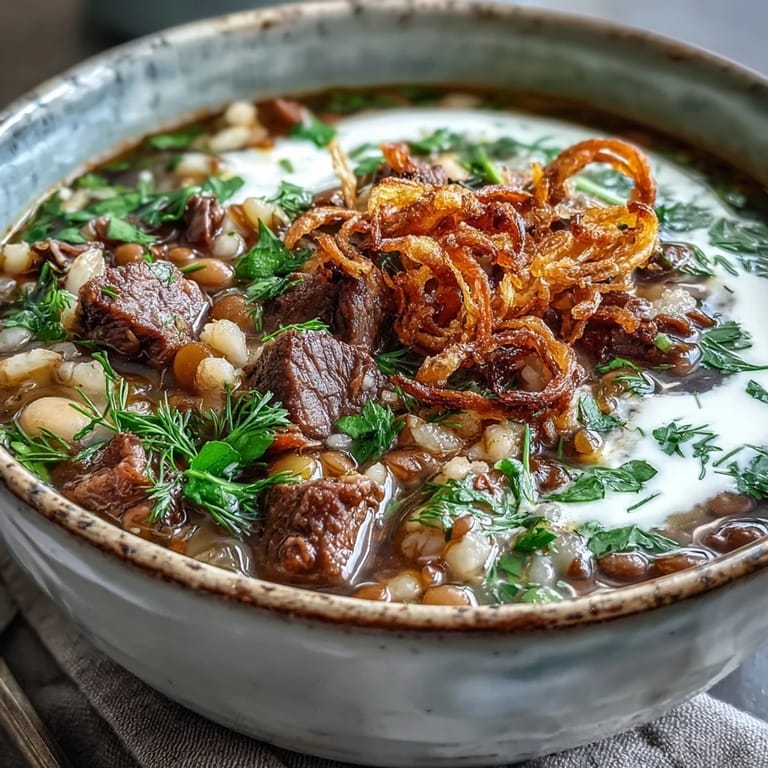 Hearty Beef Barley Soup garnished with crispy mint onions and served with warm flatbread.