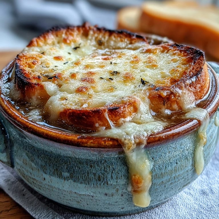 Classic French Onion Soup served with a crusty baguette slice, showcasing deep golden broth and savory Gruyère topping.
