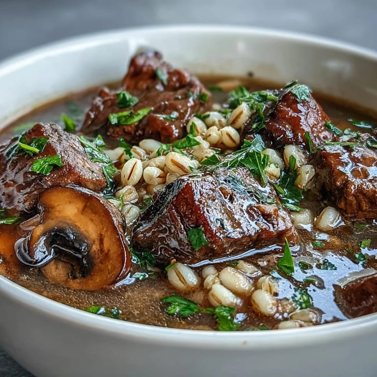 Hearty beef and barley soup with mushrooms simmered in a rich broth, featuring tender beef, pancetta, and baby bellas in a cozy pot.