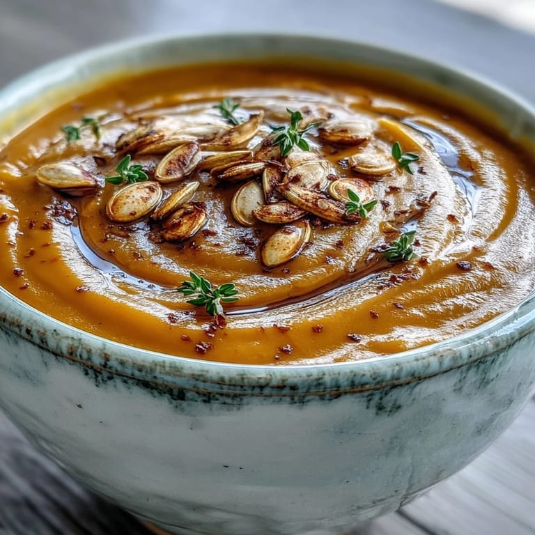 Creamy Roasted Butternut Squash Soup topped with pumpkin seeds, highlighting its velvety texture and warm, nutty aroma for autumn comfort.